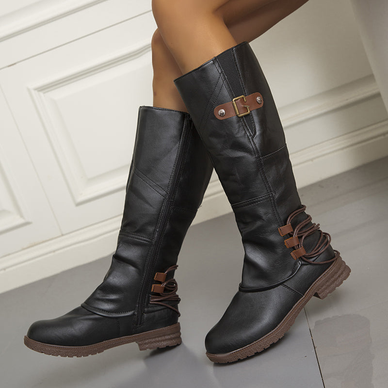 Damenstiefeletten aus Vintage-Leder mit Reißverschluss und hohem Schaft und breiter Wade