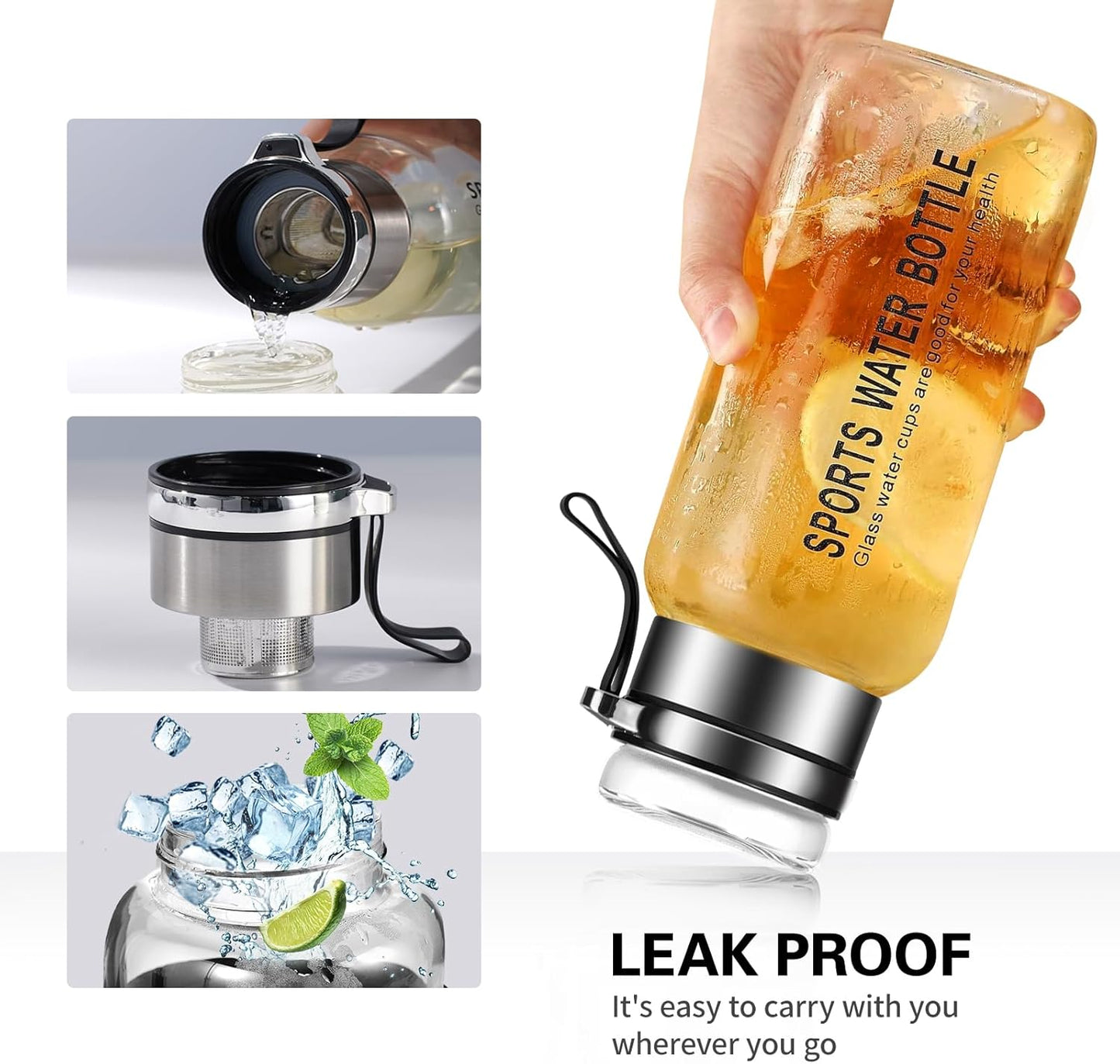 Premium Glass Water Bottle with Strap – Tea & Fruit Infuser, Leakproof, Eco-Friendly Design