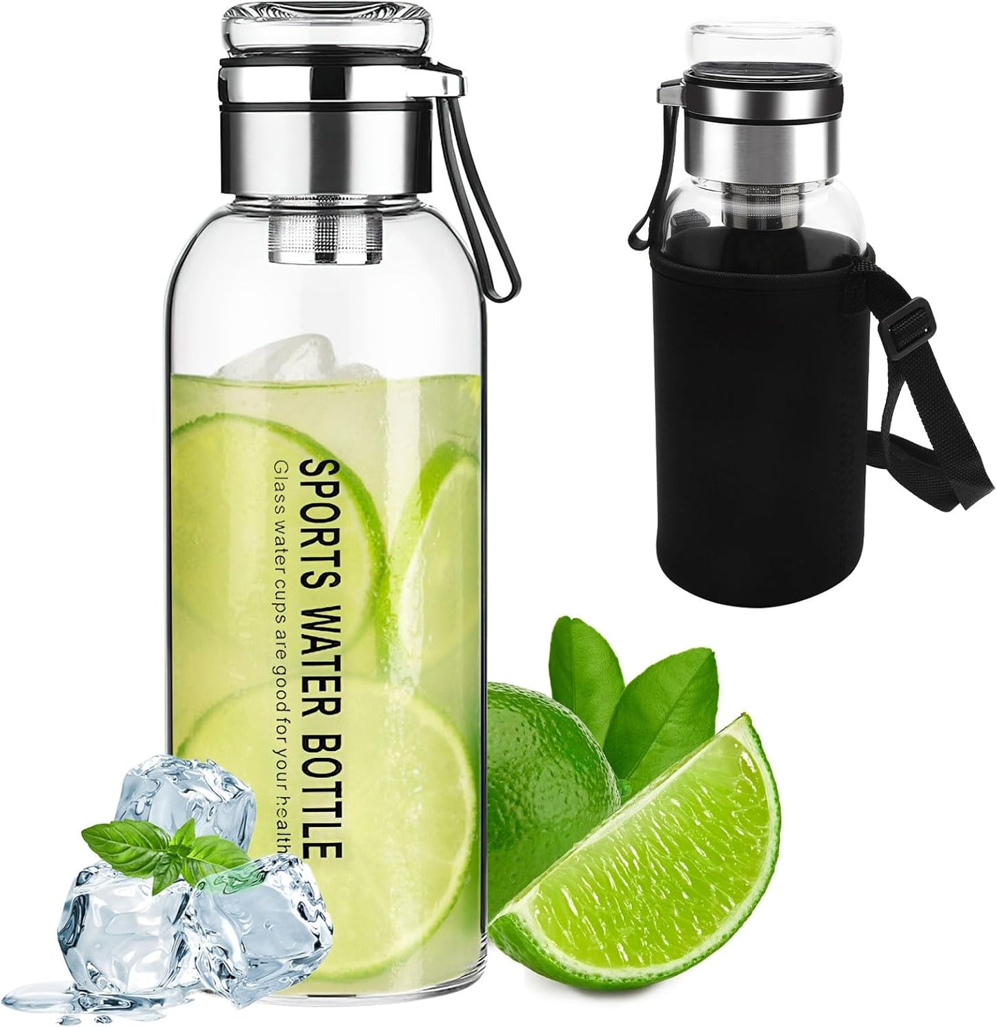 Premium Glass Water Bottle with Strap – Tea & Fruit Infuser, Leakproof, Eco-Friendly Design