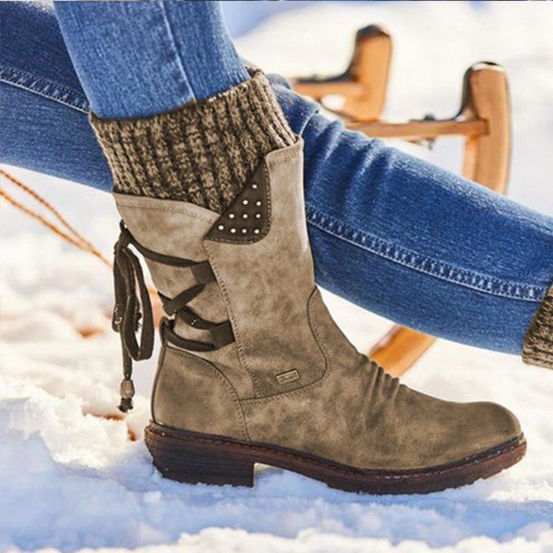 Women's Winter Warm Back Lace Wide Mid-Calf Snow Boots