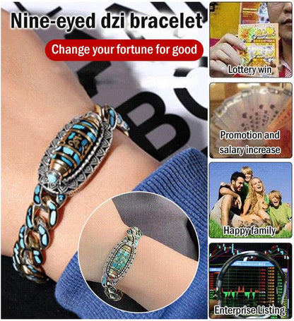 Turquoise Six-character Mantra Nine-eyed Dzi Bead Bracelet