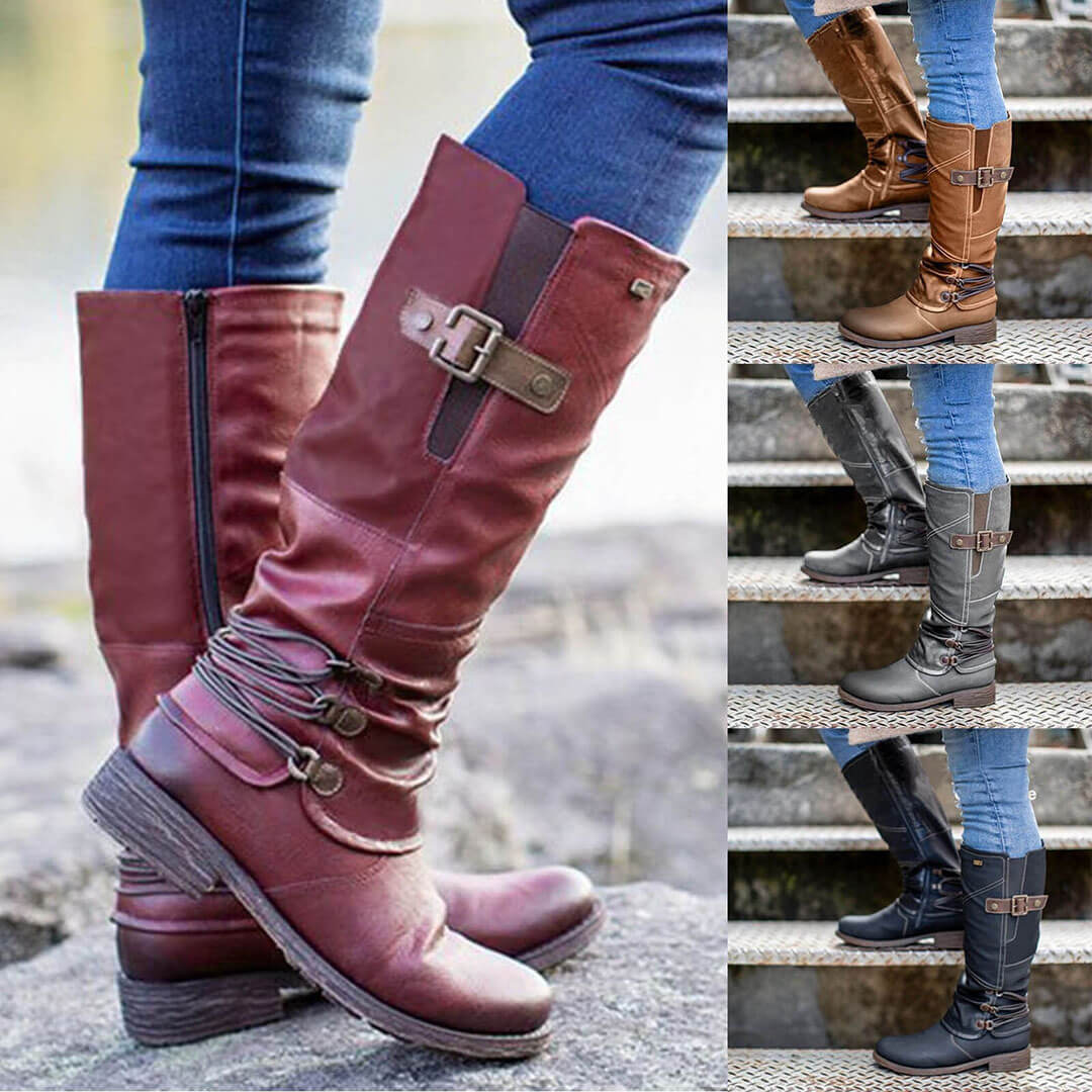 Damenstiefeletten aus Vintage-Leder mit Reißverschluss und hohem Schaft und breiter Wade