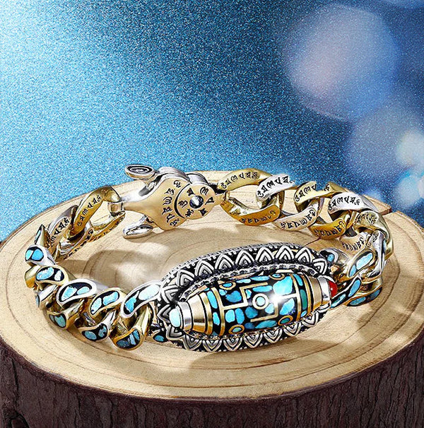 Turquoise Six-character Mantra Nine-eyed Dzi Bead Bracelet