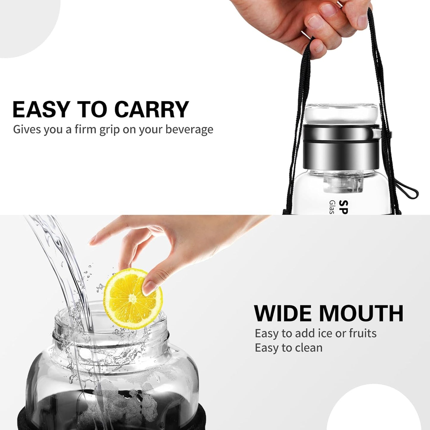 Premium Glass Water Bottle with Strap – Tea & Fruit Infuser, Leakproof, Eco-Friendly Design