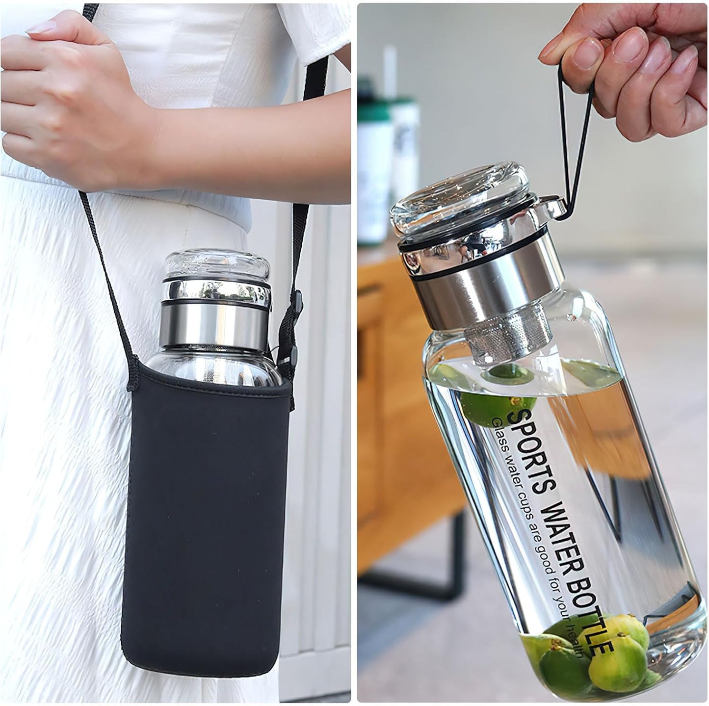 Premium Glass Water Bottle with Strap – Tea & Fruit Infuser, Leakproof, Eco-Friendly Design