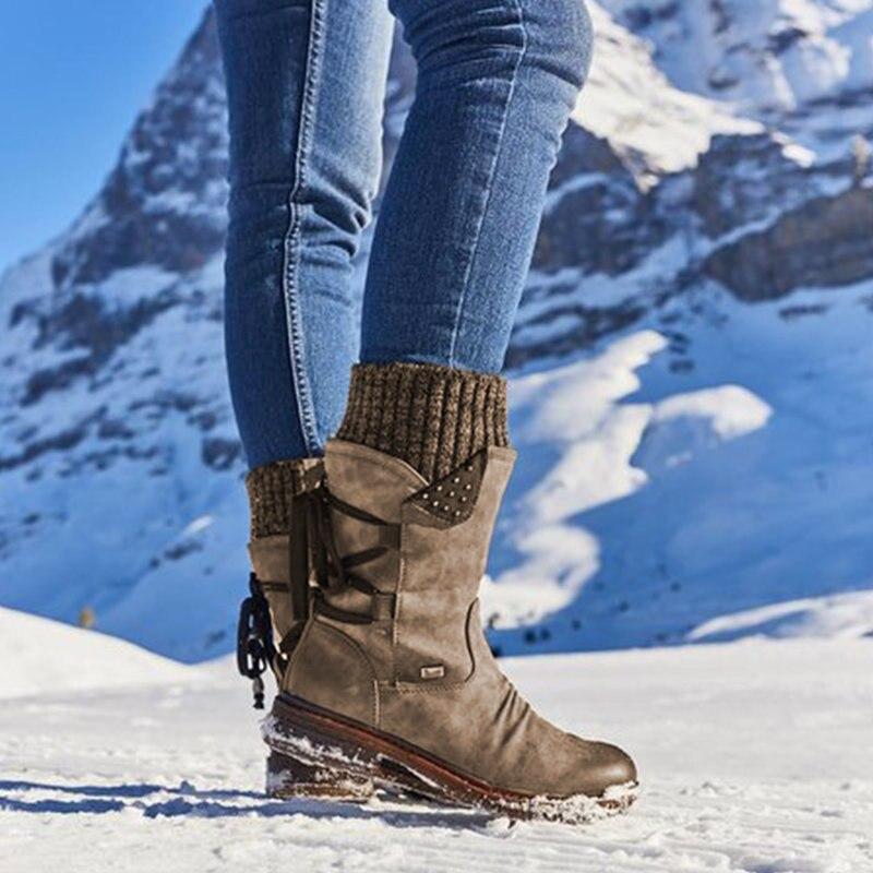 Women's Winter Warm Back Lace Wide Mid-Calf Snow Boots