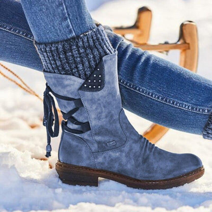 Women's Winter Warm Back Lace Wide Mid-Calf Snow Boots