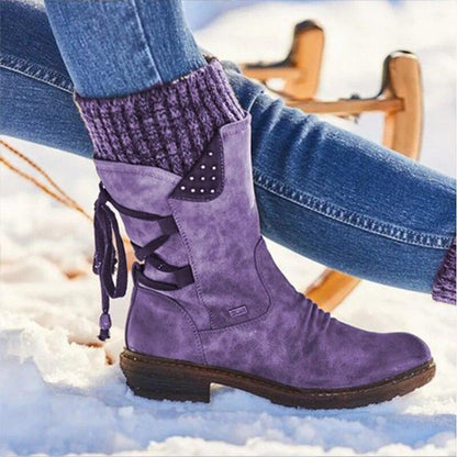 Women's Winter Warm Back Lace Wide Mid-Calf Snow Boots