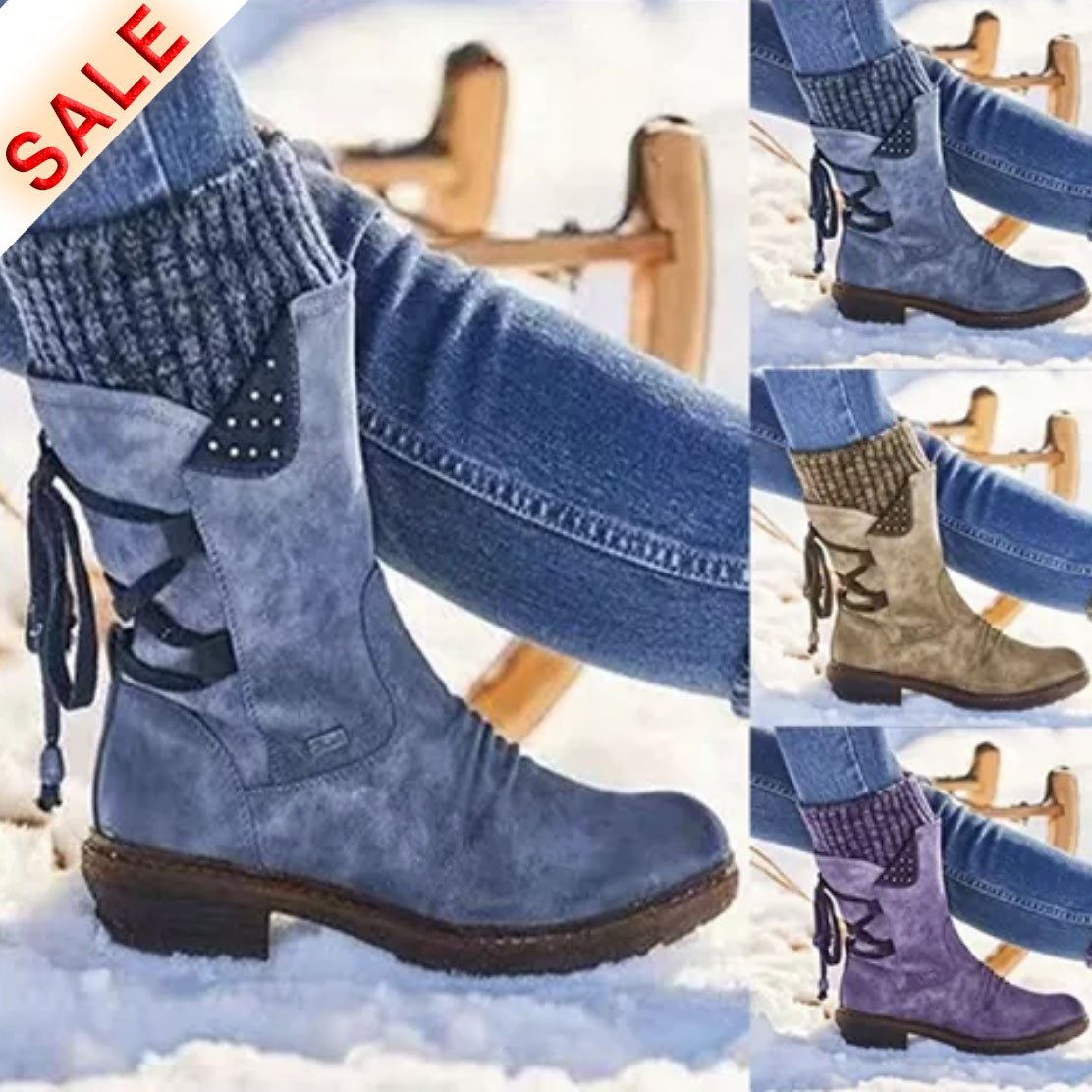 Women's Winter Warm Back Lace Wide Mid-Calf Snow Boots